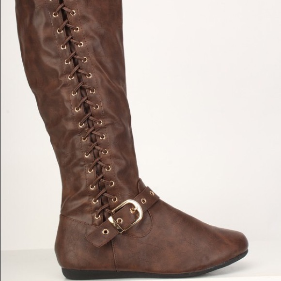 5⭐️BROWN Lace Up Mid-Calf Round Flat Boots- Shoe - Picture 1 of 2